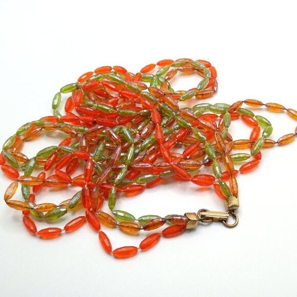 Vintage Long Three Strand Necklace, Light Green Orange Topaz Lucite, 1950s, 54" - Picture 2 of 7
